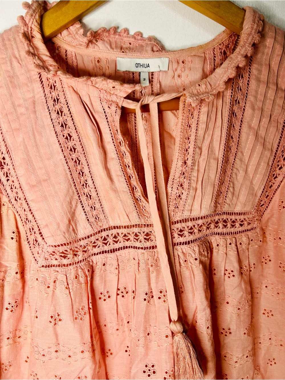Soft Pink Eyelet Peasant Blouse with Tassel Tie - Picture 2 of 9